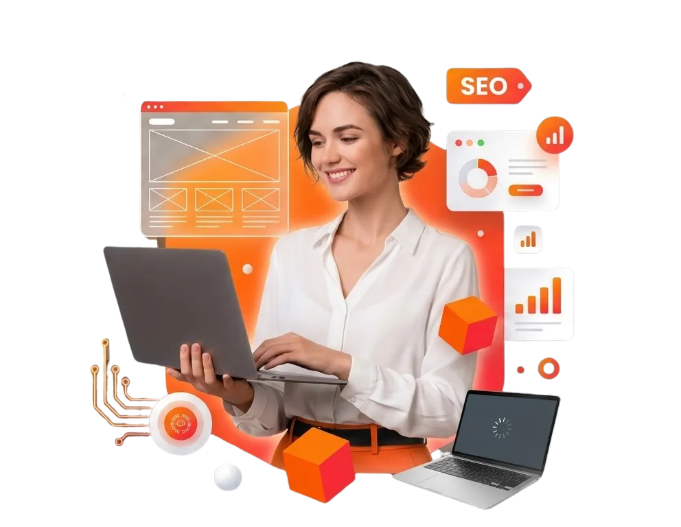 A web designer at work, surrounded by website, analytics, and SEO elements